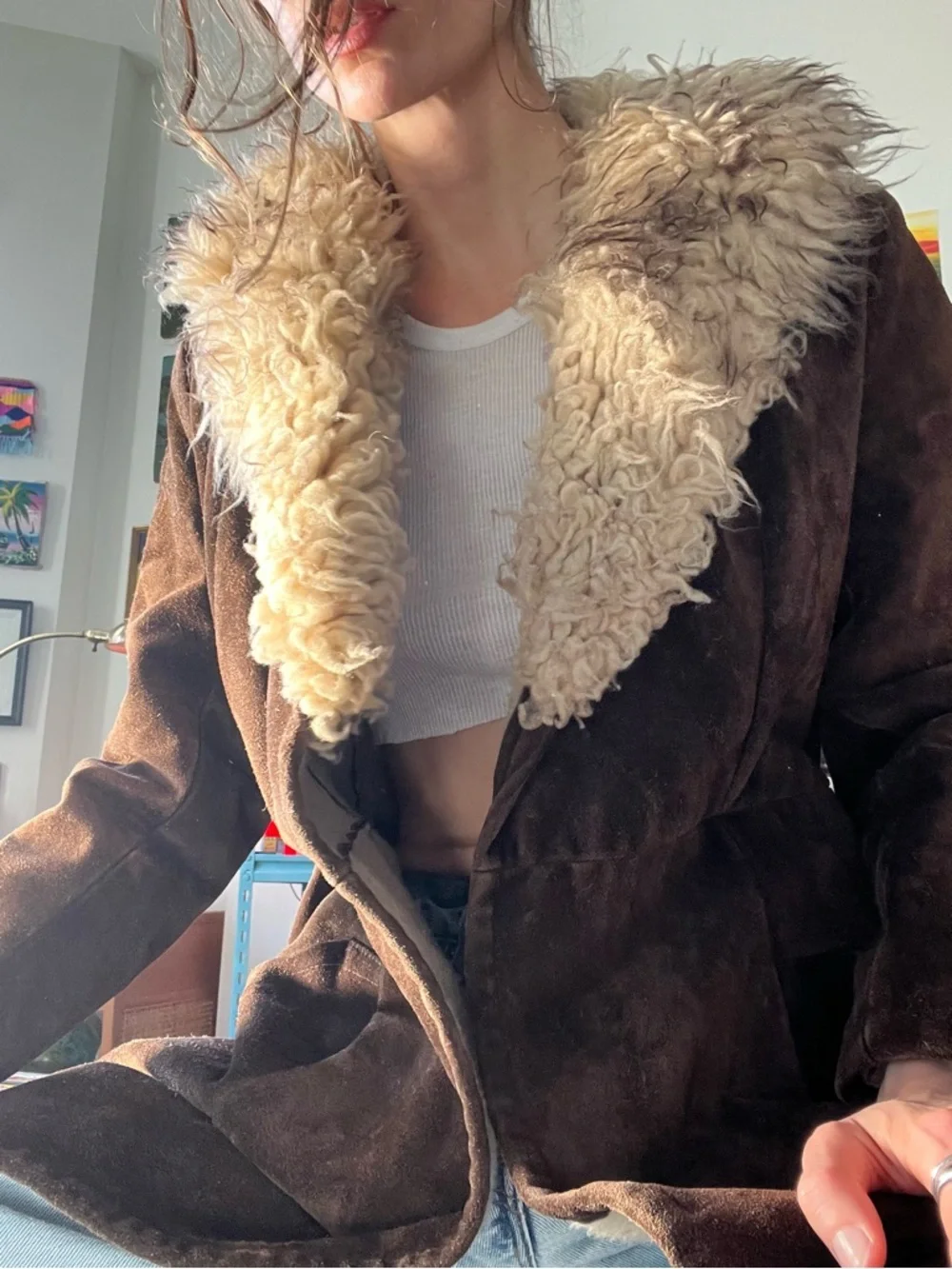 60s Brown Suede Long Trench with Shearling Collar and Fur Lining - Picture 6 of 8